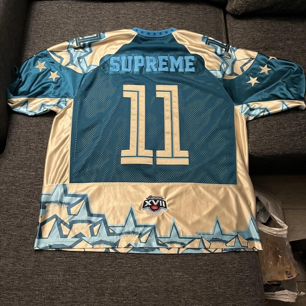 Supreme Shirt Mens XL Blue Gold 11 Stars Mesh Football Jersey Top Graphic - Picture 3 of 10